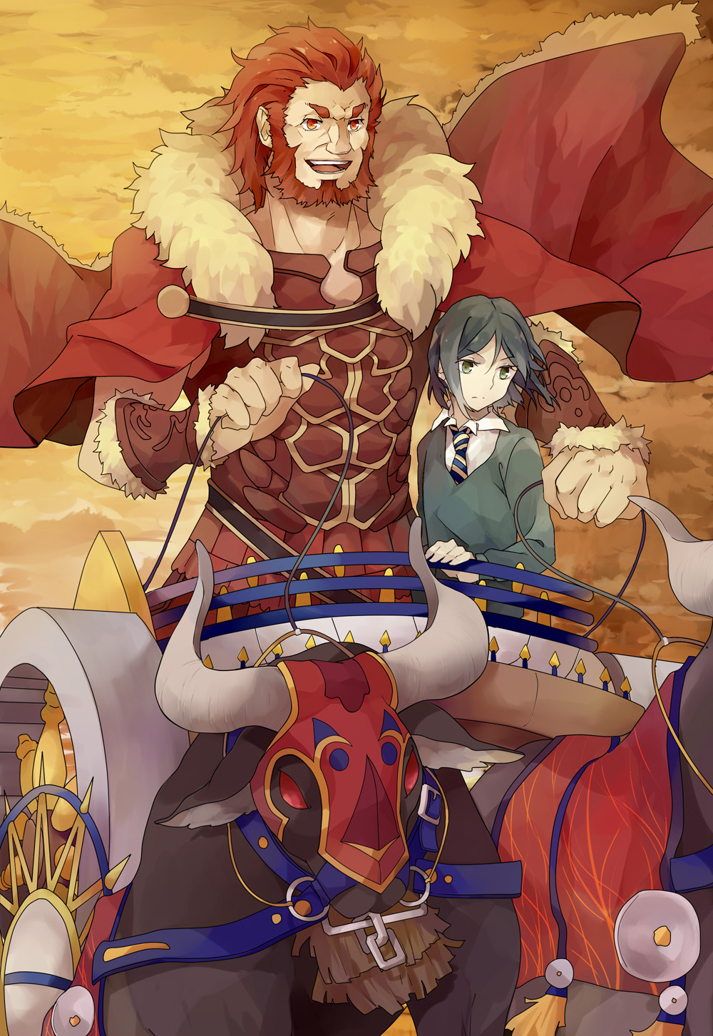 androgynous armor beard black_hair bull cape chariot facial_hair fate/zero fate_(series) gordius_wheel highres komi_(icemeko) male_focus multiple_boys red_eyes red_hair rider_(fate/zero) size_difference waver_velvet