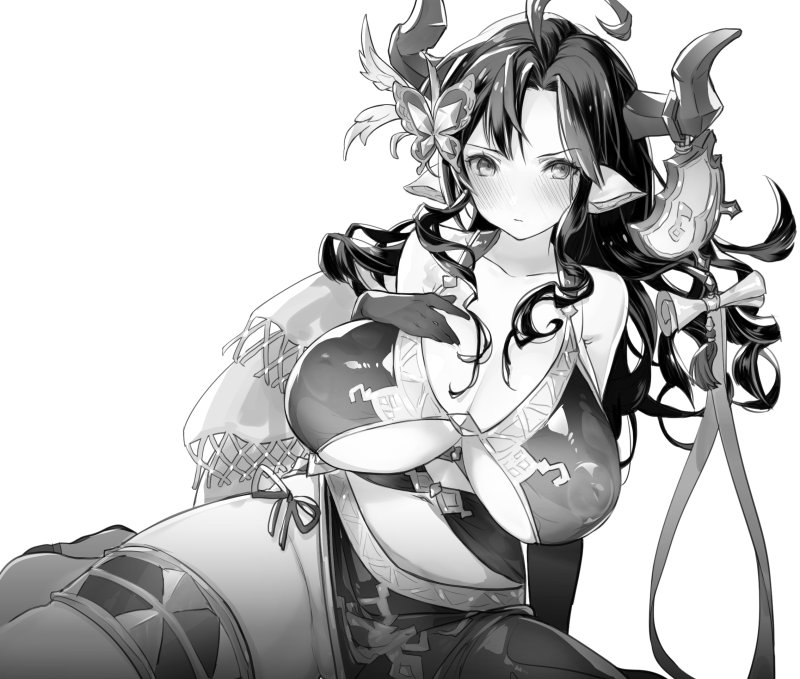 1girl augusta_(granblue_fantasy) bare_shoulders black_hair blush breasts collarbone erect_nipples granblue_fantasy hair_ornament horn_ornament horns inverted_nipples koza_game large_breasts monochrome panties side-tie_panties simple_background solo thigh_strap underwear white_background
