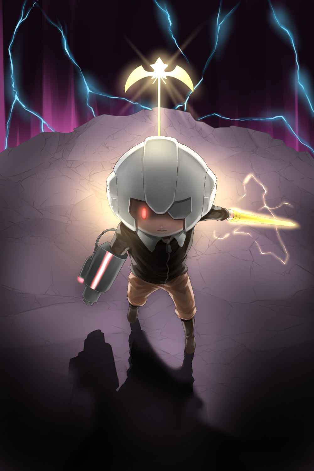 arm_cannon boots chibi claus dark energy energy_sword expressionless fighting_stance glowing glowing_eyes helmet highres jacket male_focus mother_(game) mother_3 shadow solo spoilers sword wasabi_(legemd) weapon