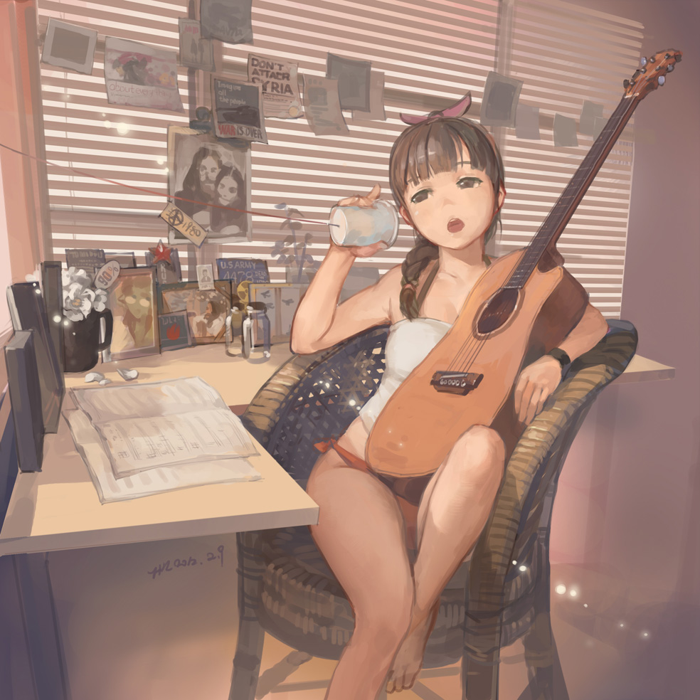 2012 :o acoustic_guitar armchair bare_shoulders barefoot blinds bottle bow bracelet braid brown_eyes brown_hair chair dated desk feet_on_chair flower guitar hair_bow halter_top halterneck head_tilt hjl holding instrument jar jewelry john_lennon knee_up leg_up lens_flare ono_youko open_mouth original panties peace_symbol petals photo_(object) plant potted_plant red_panties sheet_music side-tie_panties signature single_braid sitting solo string_phone sunlight table underwear