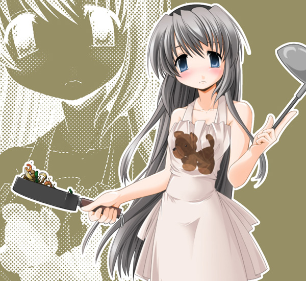 apron blue_eyes blush clannad cooking frown kei_(fortune) ladle naked_apron sakagami_tomoyo saute_pan silver_hair solo zoom_layer