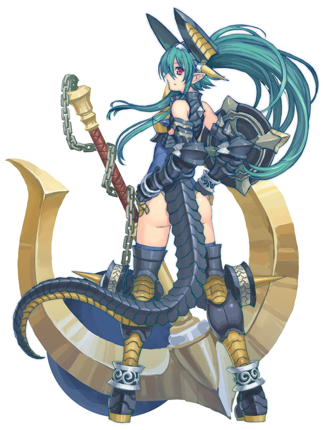 anchor back chain green_hair long_hair looking_back mecha_musume monster_girl pointy_ears ran'ou_(tamago_no_kimi) red_eyes shield shinrabanshou shizuku_(shinrabanshou) solo suireiou_shizuku_(shinrabanshou) tail thighhighs weapon