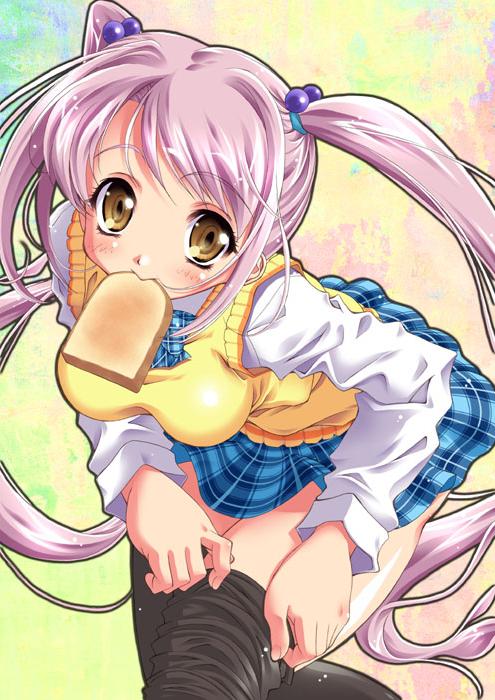 bent_over blush copyright_request dressing food food_in_mouth kusui_aruta mouth_hold purple_hair school_uniform solo thighhighs toast toast_in_mouth twintails yellow_eyes