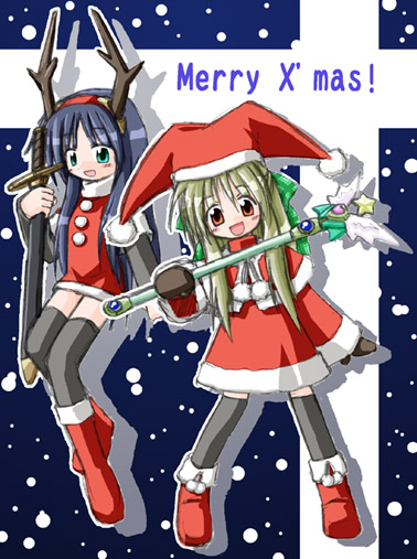 antlers capelet christmas hat jester_cap kanon kawasumi_mai kurata_sayuri multiple_girls red_skirt santa_costume skirt sword thighhighs wand weapon