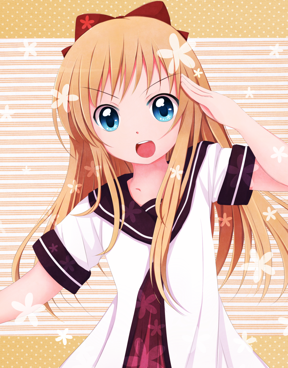 blonde_hair blue_eyes bow codemofel hair_bow highres long_hair nanamori_school_uniform open_mouth salute school_uniform serafuku solo teeth toshinou_kyouko yuru_yuri