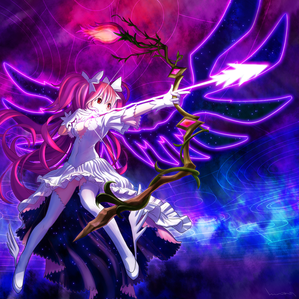 aiming ankle_wings arrow bow bow_(weapon) breasts cleavage drawing_bow dress gloves glowing glowing_weapon glowing_wings hair_bow holding holding_arrow holding_bow_(weapon) holding_weapon kaname_madoka long_hair mahou_shoujo_madoka_magica md5_mismatch medium_breasts outstretched_arm panties pantyshot pantyshot_(standing) pink_hair red_eyes solo space standing thighhighs two_side_up ultimate_madoka underwear weapon white_dress white_gloves white_legwear white_panties wings wu_niang