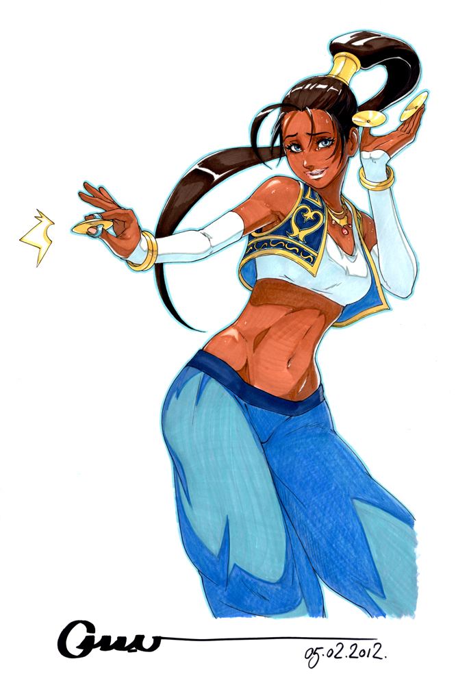 arabian_clothes blue_eyes brown_hair dancer dark_skin dated finger_cymbals hair_ornament jewelry lips long_hair marker_(medium) midriff navel necklace omar_dogan ponytail pullum_purna signature solo street_fighter street_fighter_ex_(series) tank_top traditional_media vest