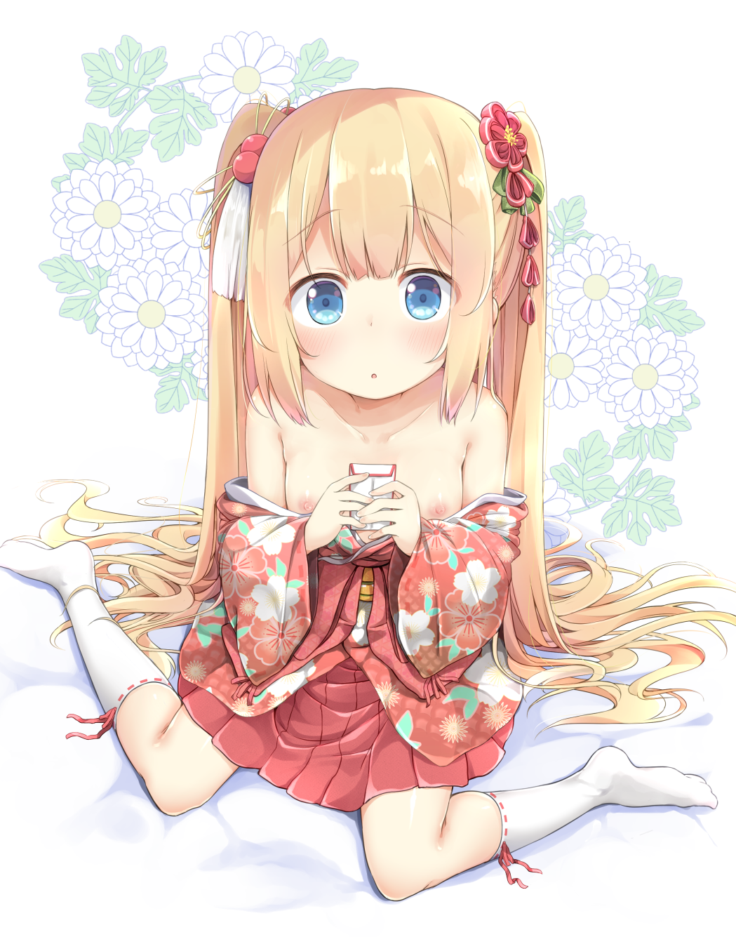 1girl :o armpit_crease bangs bare_shoulders blonde_hair blue_eyes blush breasts clothes_down collarbone eyebrows_visible_through_hair floral_background floral_print flower full_body green_ribbon hair_bobbles hair_flower hair_ornament hair_ribbon hair_spread_out hakama_skirt highres japanese_clothes kanzashi kimono kneehighs long_hair looking_at_viewer nipples no_shoes obi original parted_lips pink_kimono pirason pleated_skirt print_kimono red_flower red_skirt ribbon ribbon-trimmed_legwear ribbon_trim sanpaku sash short_kimono sidelocks sitting skirt small_breasts solo tareme tassel twintails very_long_hair wariza white_background white_legwear