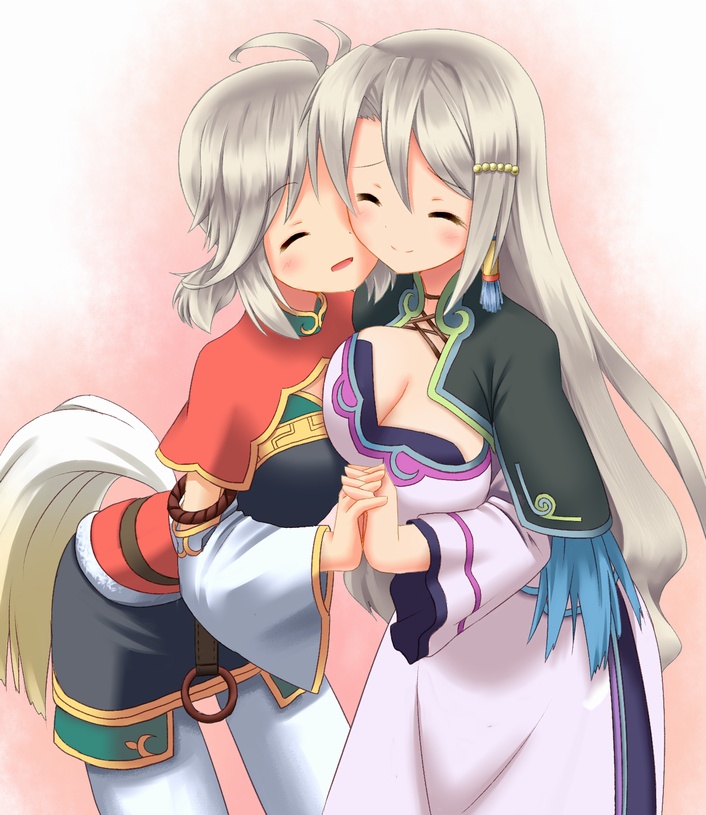 akeyama breast_press breasts cleavage closed_eyes holding_hands interlocked_fingers large_breasts ling_hua long_hair mother_and_daughter multiple_girls pantyhose rune_factory rune_factory_4 silver_hair smile tail xiao_pai
