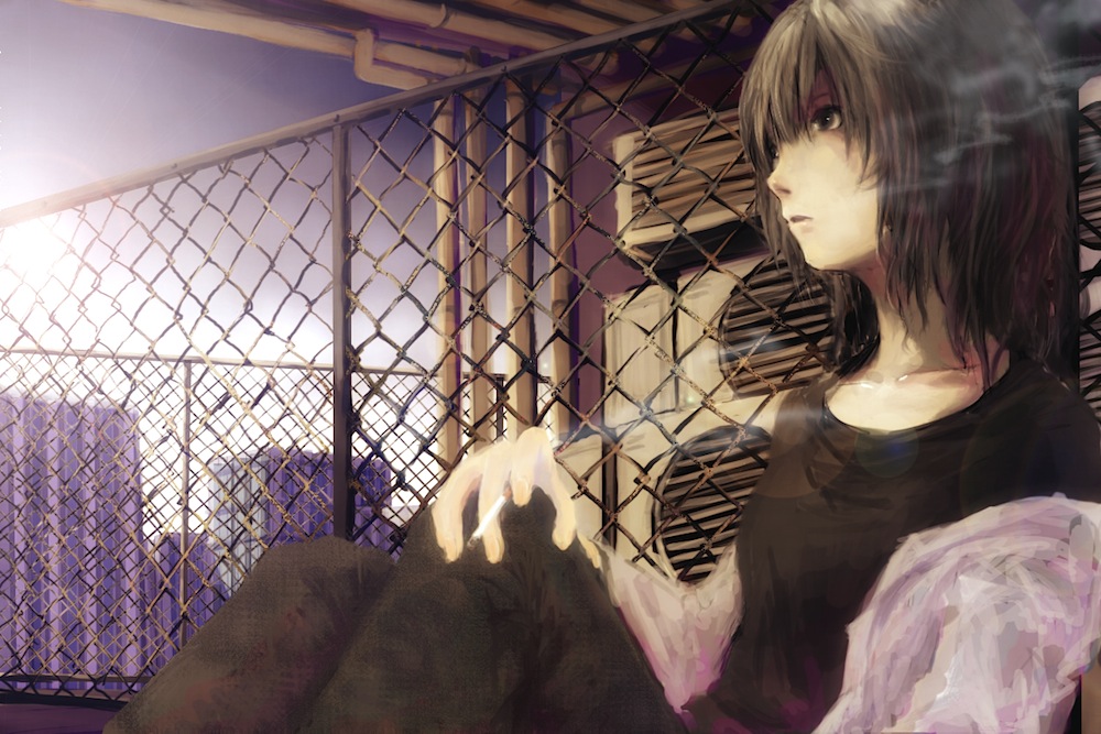 air_conditioner bad_id bad_pixiv_id brown_eyes brown_hair chain-link_fence cigarette city fence hair_between_eyes looking_away original pipes profile short_hair sitting sky smoke smoking solo yoshidaworks