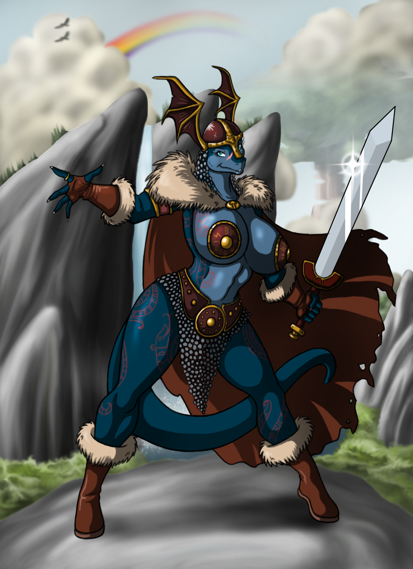 big_breasts blue blue_body bomba boots breasts female helmet komodo_dragon lizard looking_at_viewer lordstevie monitor_lizard reptile scalie scar solo sword tattoo unconvincing_armor valkyrie warrior weapon wide_hips