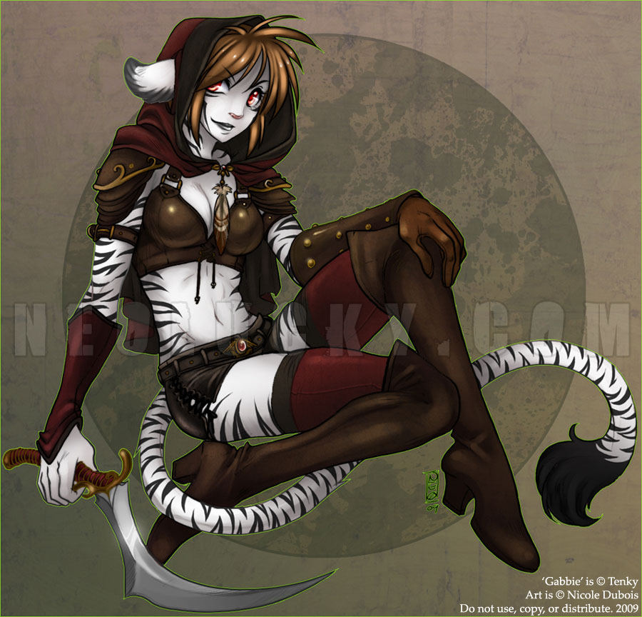 2009 boots breasts brown_hair clothing feline female gabbie hair hood looking_at_viewer navel neolucky red_eyes shorts solo stockings stripes tiger watermark weapon white_tiger