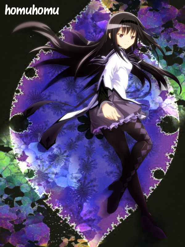 akemi_homura black_hair fractal hairband high_heels long_hair magical_girl mahou_shoujo_madoka_magica pantyhose purple_eyes shoes skirt solo tnonizyou