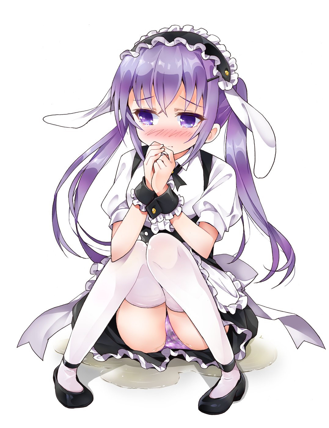 animal_ears apron back_bow bangs black_dress black_footwear black_neckwear blush bow breasts bunny_ears closed_mouth dress embarrassed eyebrows_visible_through_hair female frilled_dress frills full_body gochuumon_wa_usagi_desu_ka? hair_ornament hairclip half-closed_eyes hands_together hands_up highres jpeg_artifacts knees_together_feet_apart knees_up long_hair looking_to_the_side maid_apron maid_headdress matching_hair/eyes nose_blush panties pantyshot pantyshot_(sitting) peeing peeing_self pigeon-toed plaid plaid_panties puddle puffy_short_sleeves puffy_sleeves purple_eyes purple_hair purple_panties ratryu shiny shiny_hair shoes short_sleeves simple_background sitting small_breasts solo tears tedeza_rize thighhighs tied_hair twintails underwear upskirt wavy_mouth wet wet_clothes wet_panties white_apron white_background white_legwear wrist_cuffs