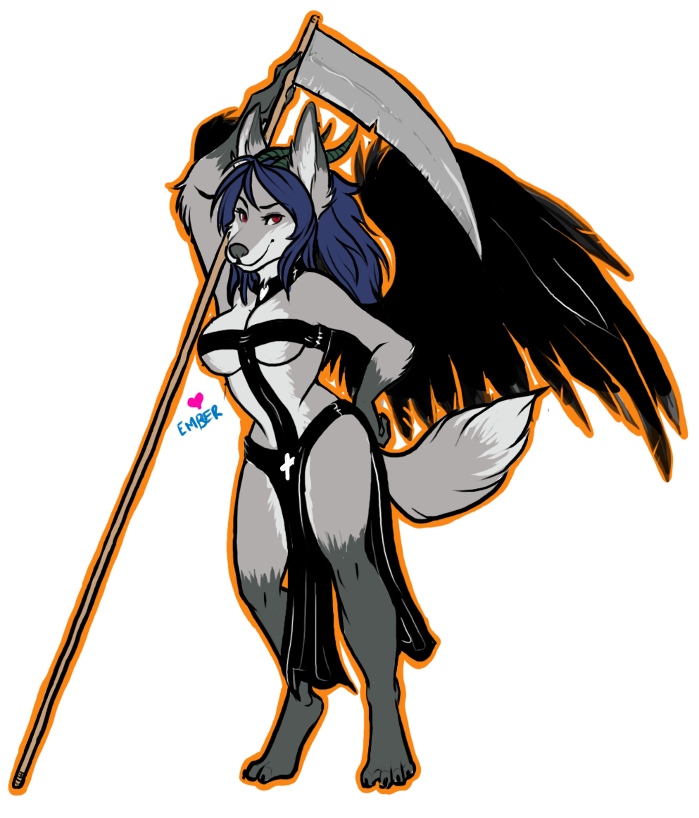 &dagger; &hearts; blue_hair canine christianity cross demon ears emberhart female fox fur grey grey_fur hair ira_invidia mammal raven_wings reaper red_eyes religion scythe solo tabard weapon wings