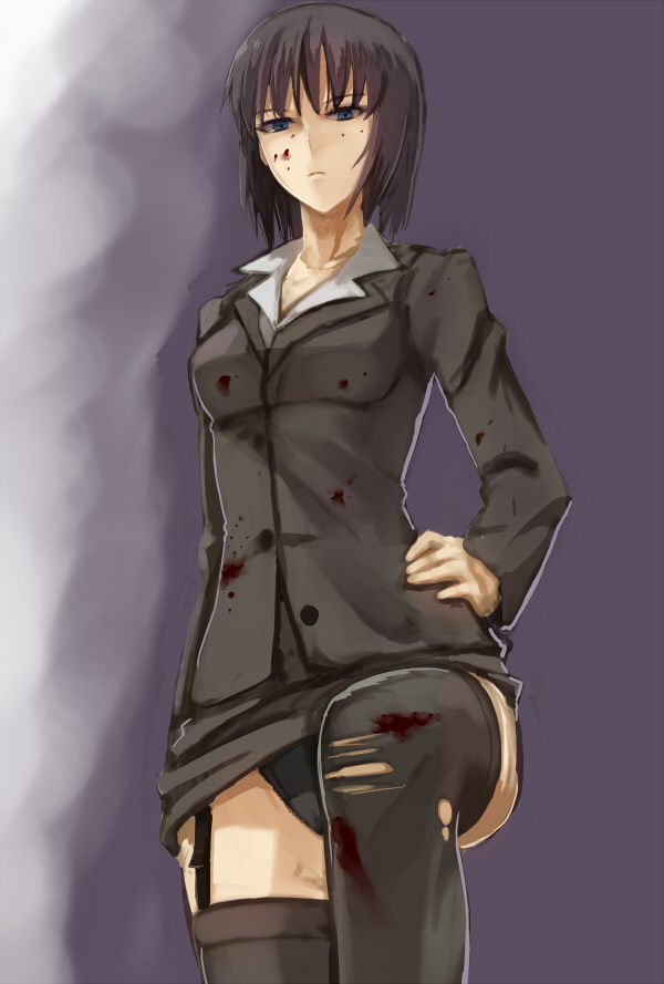 black_hair black_panties blood blood_on_face bloody_clothes blue_eyes formal garter_straps hand_on_hip jacket jormungand karen_low office_lady panties pencil_skirt prime short_hair skirt skirt_suit solo suit thighhighs torn_clothes torn_legwear underwear