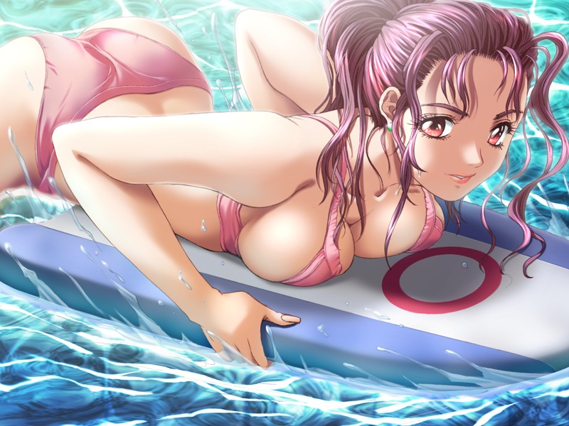 1girl ass bikini bra breast_press breasts cleavage earrings female game_cg ijichi_miho jewelry kickboard large_breasts lipstick long_hair lying makeup nakamura_nishiki on_stomach outdoors panties pink_eyes pink_hair ponytail purple_hair smile sodom_no_shima:_night_of_blind solo splash splashing surfboard swimsuit underwear water