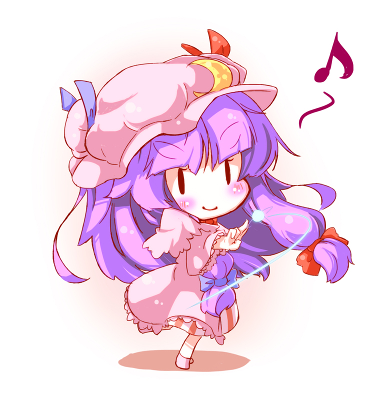 blush chibi crescent dress hat long_hair mochinabe musical_note patchouli_knowledge purple_hair smile solid_oval_eyes solo touhou