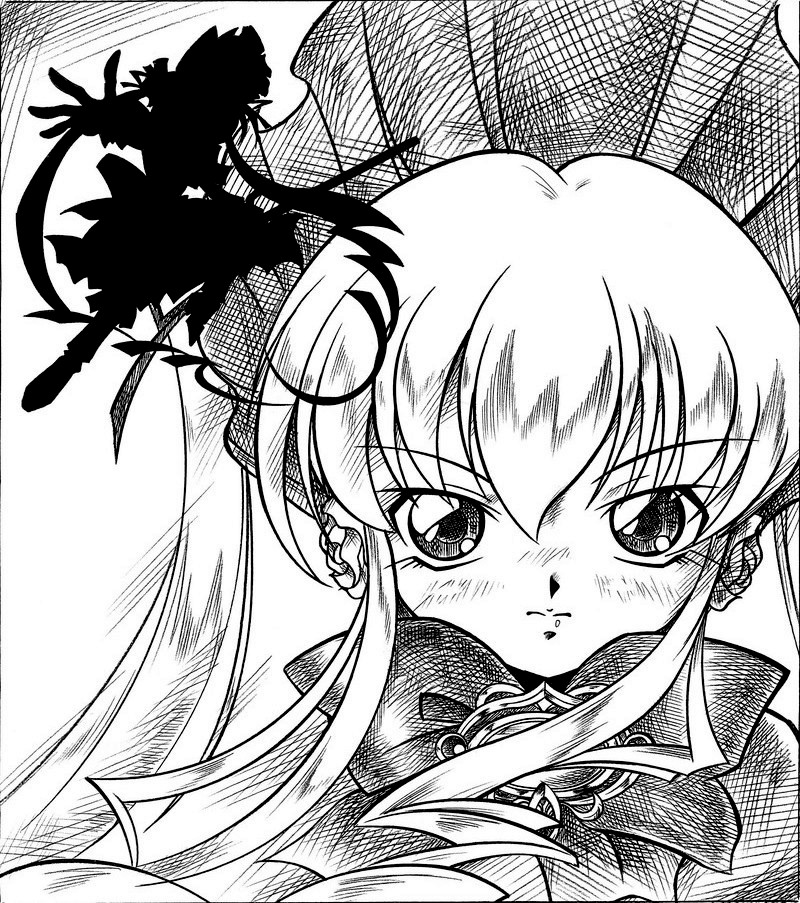 arukime bonnet bow flower greyscale monochrome outstretched_hand rozen_maiden shinku silhouette solo twintails
