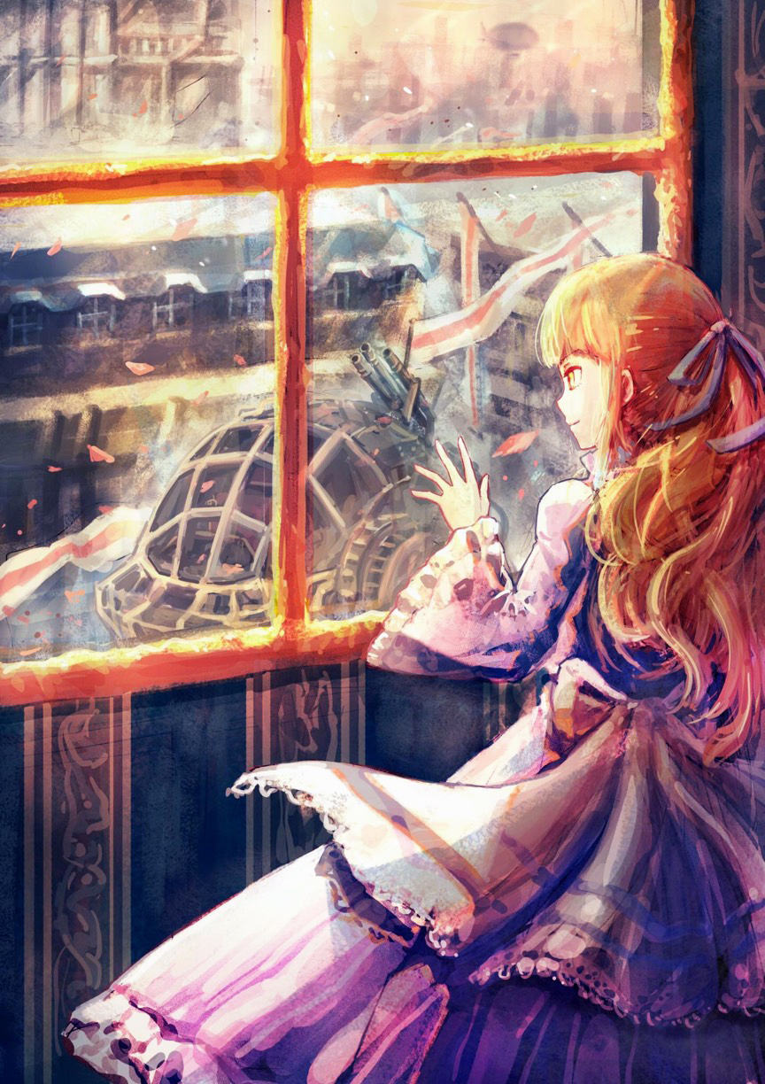 1girl aircraft blimp brown_hair building dirigible dress flag gun hair_ribbon highres indoors long_hair long_sleeves looking_out_window max07817 mecha original purple_dress purple_ribbon ribbon scenery solo standing steampunk wallpaper_(object) weapon wide_sleeves window