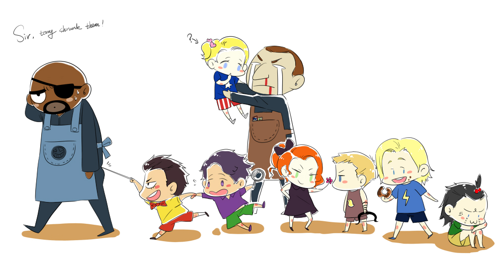 1girl 6+boys age_difference avengers black_widow black_widow_(marvel) blood bruce_banner captain_america chibi clint_barton dark_skin eyepatch hawkeye_(marvel) loki_(marvel) marvel mcu multiple_boys natasha_romanoff nick_fury phil_coulson size_difference steve_rogers thor_(marvel) tony_stark young younger