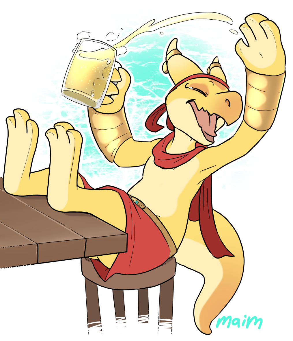 2019 alcohol anthro belly beverage claws clothing digital_media_(artwork) dungeons_&amp;_dragons egyptian kobold maim male navel open_mouth reptile scales scalie simple_background sirocco sitting smile solo thick_thighs white_background wide_hips