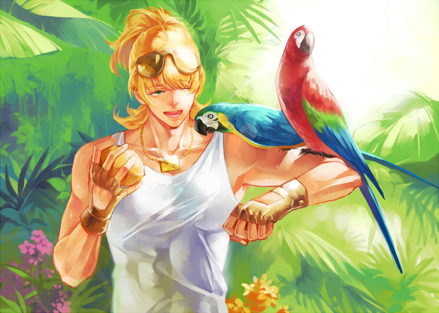alternate_hairstyle animal_on_arm barnaby_brooks_jr bird bird_on_arm blonde_hair blue-and-yellow_macaw eyewear_on_head fingerless_gloves gloves green_eyes jewelry macaw male_focus necklace no_eyewear one_eye_closed parrot ponytail red-and-green_macaw siruphial solo sunglasses tank_top tiger_&amp;_bunny