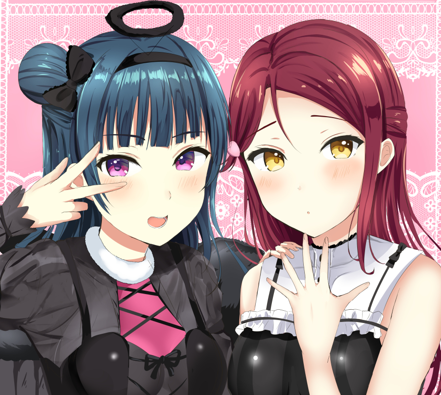 2girls black_bow black_wings blue_hair blush bow commentary_request fake_halo feathered_wings frills fur_collar hair_bow hair_ornament hairband hairclip half_updo hand_on_another's_shoulder hand_up long_hair long_sleeves looking_at_viewer love_live! love_live!_sunshine!! morerin multiple_girls open_mouth pink_background purple_eyes red_hair sakurauchi_riko side_bun sleeveless smile tsushima_yoshiko upper_body w_over_eye wings yellow_eyes