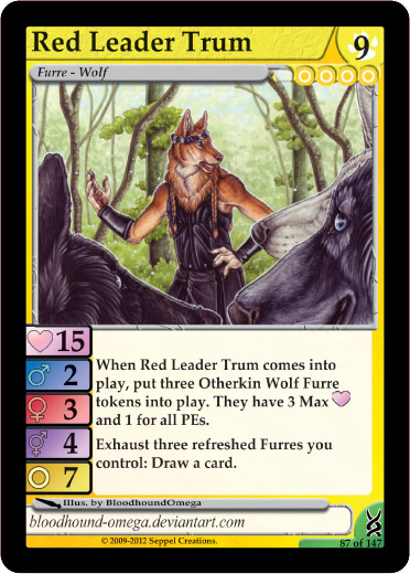 &#9792; &#9794; armor bloodhound_omega blue_eyes border bracers bushes canine card flower forest furoticon garland male mammal ponytail tcg tree tribes_of_tanglebrook wolf wood