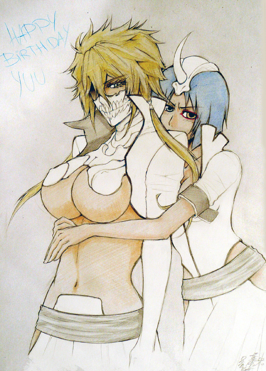 2girls arrancar bleach blonde_hair blue_eyes blue_hair bob_cut breasts brown_eyes cleavage damare dark_skin emilou_apacci espada green_eyes heterochromia highres holding hollow horn large_breasts midriff multiple_girls navel short_hair skull tier_harribel underboob