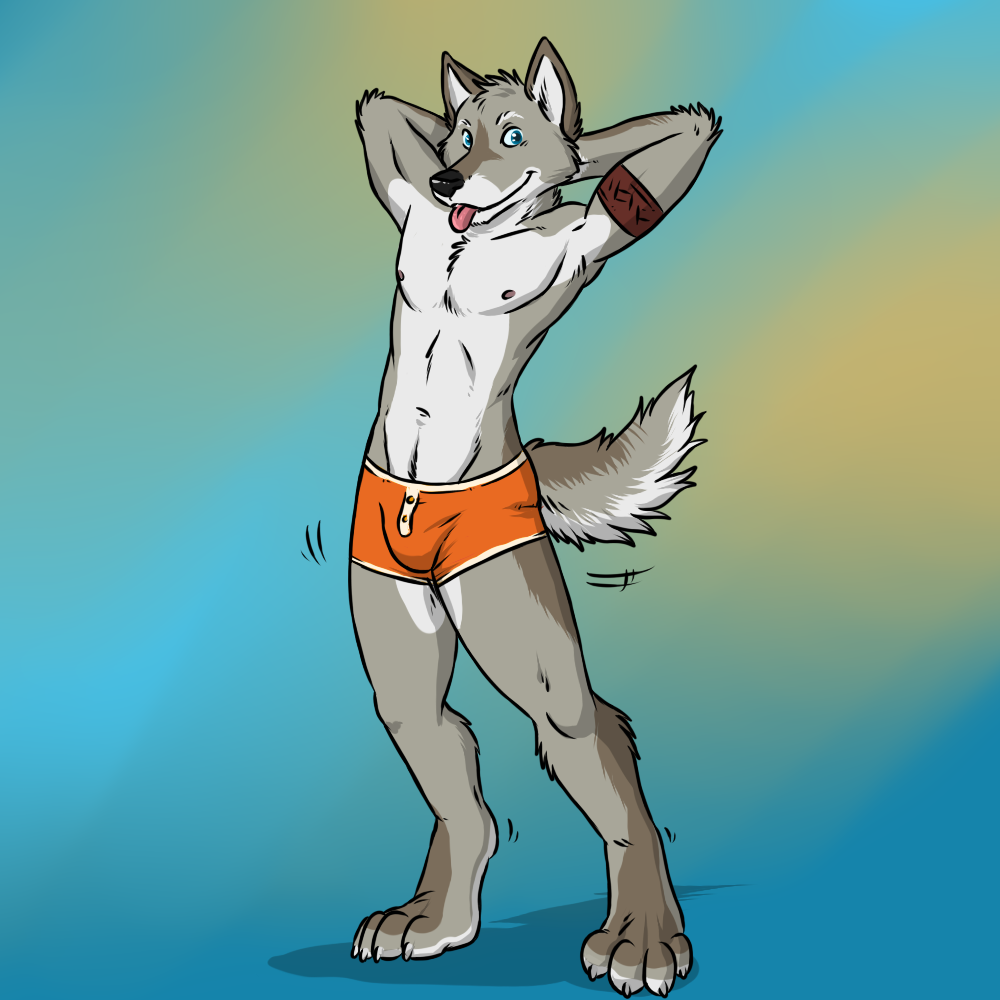 aggrobadger barefoot blue_eyes boxer_briefs bulge canine coyote fur grey_fur happy looking_at_viewer male mammal navel nipples solo standing tattoo tongue tongue_out topless underwear unf white_fur wolf