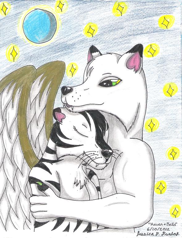 &hearts; 2012 anthro auroradragon93 bella_tigress big_breasts black blue blue_eyes blue_moon breasts canine claws couple cuddling cute dire_wolf dog eternal eyes_closed fangs feathers feline female fluffy green hair holding hug love male meow moon muscles night nude open_mouth outside paws purple pussy raven_silverlight romantic smile stars stripe stripes tiger white white_hair wings wolf