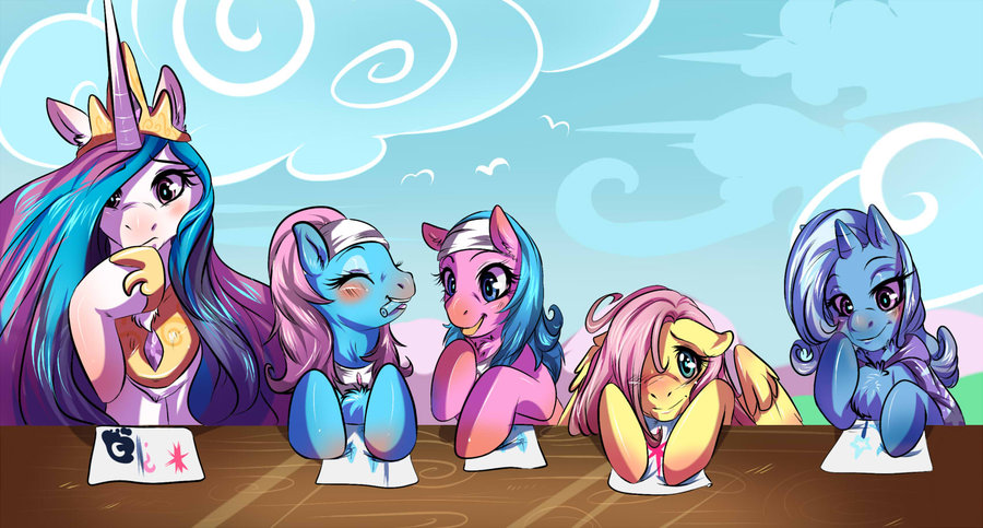 equine female fluttershy_(mlp) friendship_is_magic hair horn horse long_hair looking_at_viewer my_little_pony pegasus pony princess_celestia_(mlp) tartii trixie_(mlp) wings