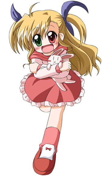 :o blush dress green_eyes heterochromia long_hair looking_at_viewer lyrical_nanoha mahou_shoujo_lyrical_nanoha_strikers open_mouth outstretched_arm red_dress red_eyes running sekiguchi_miiru simple_background solo two_side_up vivio white_background