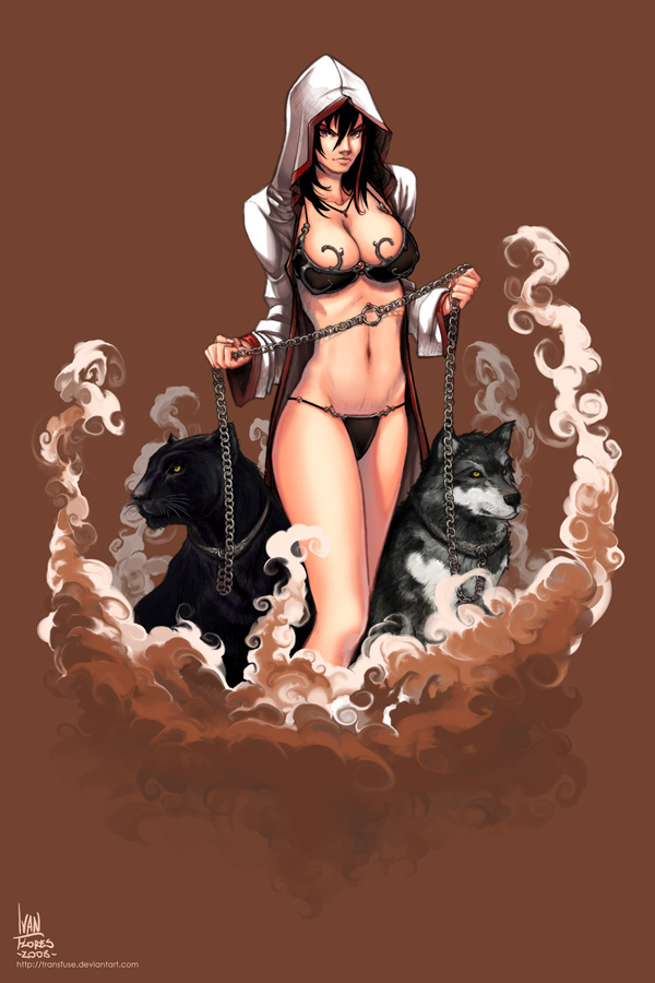 animal artist_request bikini black_panther chain copyright_request hood panther solo swimsuit wolf