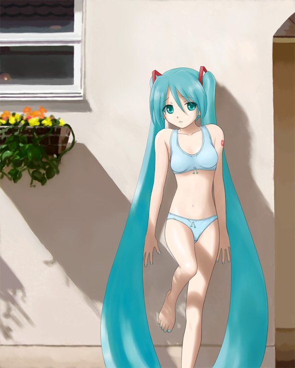 aqua_eyes aqua_hair bad_id bad_pixiv_id barefoot bikini hatsune_miku isozaki_bebebe long_hair midriff solo swimsuit twintails very_long_hair vocaloid