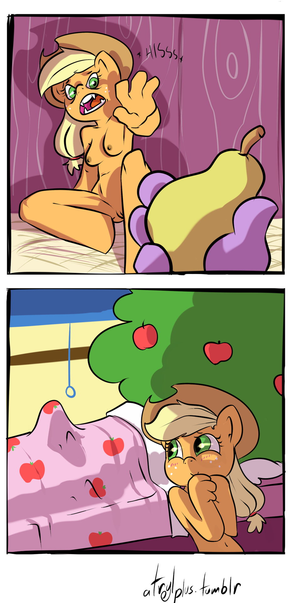 anthrofied apple applejack_(mlp) atryl bloomberg_(mlp) breasts comic equine erection fangs female feral friendship_is_magic fruit hiss horse mammal morning_wood my_little_pony nipples pear penis pony pussy spike_(mlp)