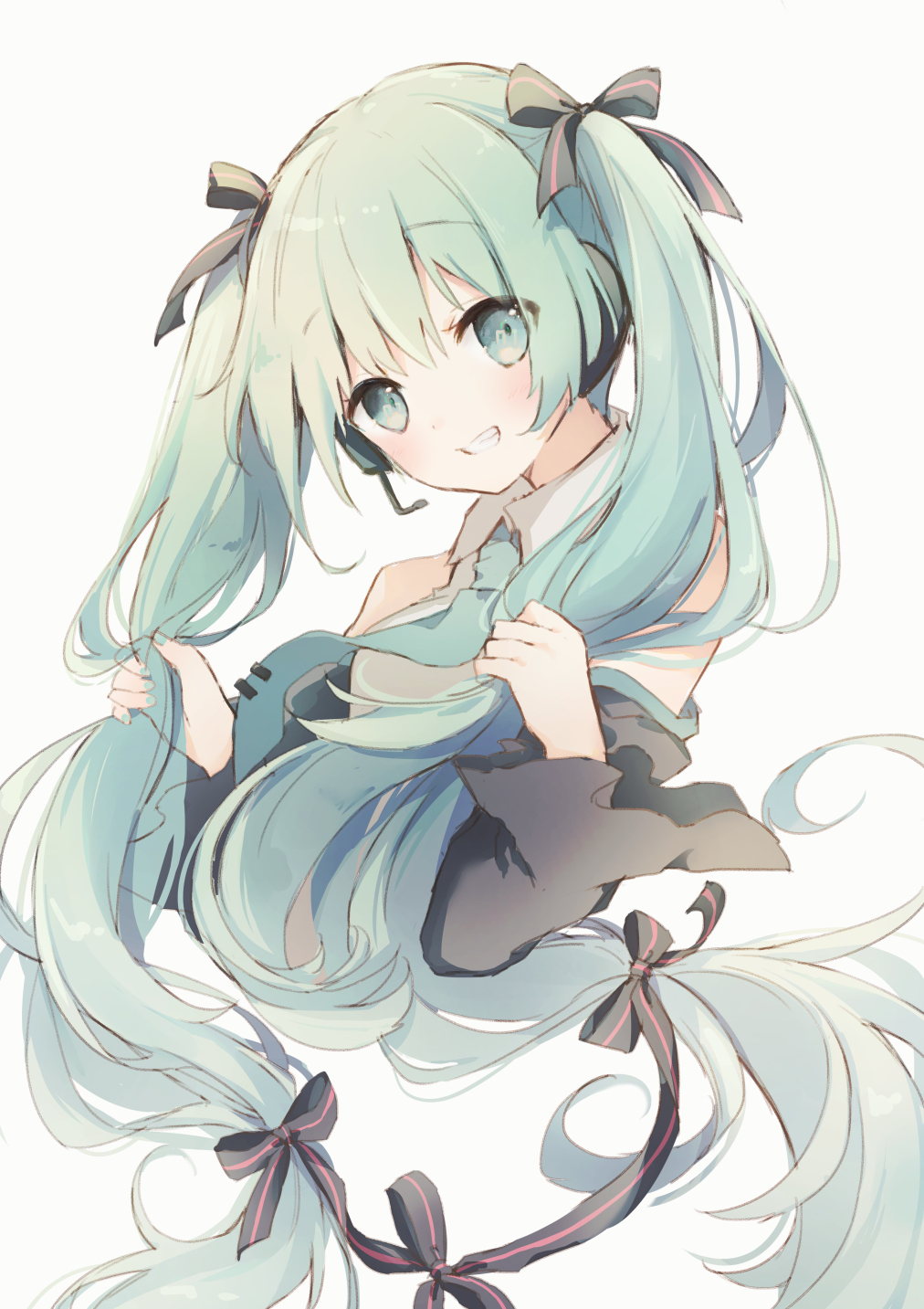 1girl bangs bare_shoulders black_bow black_sleeves blush bow collared_shirt commentary_request cropped_torso detached_sleeves eyebrows_visible_through_hair fingernails green_eyes green_hair green_nails grin hair_between_eyes hair_bow hair_grab hatsune_miku head_tilt headset highres long_hair long_sleeves nail_polish shirt simple_background sleeveless sleeveless_shirt smile solo striped striped_bow suzumori_uina twintails upper_body very_long_hair vocaloid white_background white_shirt