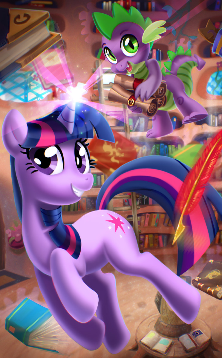 book bookshelf cutie_mark detailed_background dragon duo equine female feral friendship_is_magic fur green_eyes hair hi_res horn horse ipan ladder looking_at_viewer magic male mammal mewpan my_little_pony open_mouth pony purple_body purple_eyes purple_fur purple_hair quill scroll smile spike_(mlp) twilight_sparkle_(mlp) unicorn