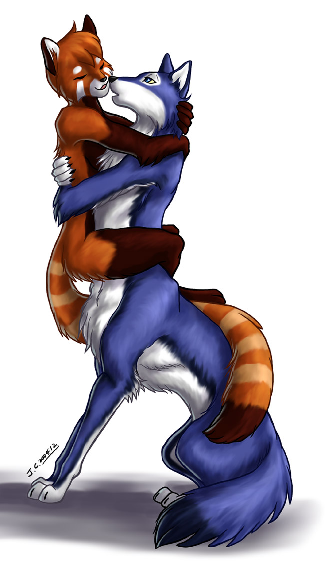 2005 abs ailurid anthro arm_tuft athletic bedroom_eyes black_nose blue_eyes blue_fur brown_fur canine canine_taur chest_tuft claws crossed_legs duo eyes_closed female fluffy fluffy_tail full_body fur half-closed_eyes holding_character hug j-c kissing male male/female mammal multicolored_fur nude open_mouth orange_fur red_fur red_panda romantic_couple seductive signature sitting taur tuft wolf wolf_taur yellow_sclera