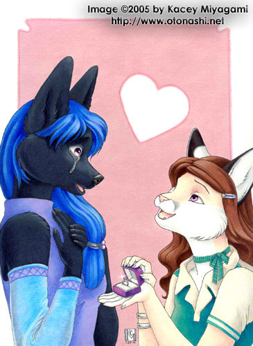 ace_(kacey) anthro anubian_jackal blue_hair canine cat clothing couple duo feline female hair jackal kacey kristania lesbian long_hair mammal plain_background proposal tears