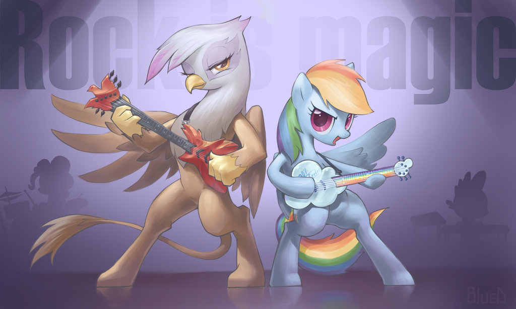 2012 amber_eyes avian beak blue_fur bluedrg brown_body cloud dragon drums english_text equine female friendship_is_magic gilda_(mlp) gryphon guitar horse keyboard looking_at_viewer male musical_instrument my_little_pony open_mouth pegasus performance pinkie_pie_(mlp) pony purple_eyes rainbow rainbow_dash_(mlp) rock_is_magic silhouette simple_background spike_(mlp) spotlight white_body wings