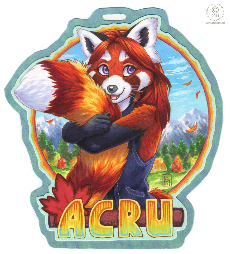 acru ambiguous_gender anthro badge canadian denim fall female kacey landscape mammal maple_leaf mixed_media mountain red_panda solo tail_hug tailhug traditional_media