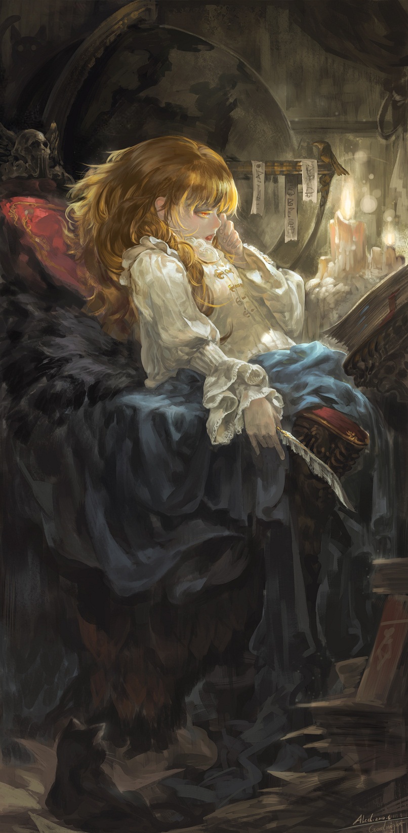 alcd artist_name blonde_hair book candle cat dated desk frills highres long_hair open_mouth orange_eyes pixiv_fantasia pixiv_fantasia_sword_regalia profile quill sitting skirt solo yellow_eyes