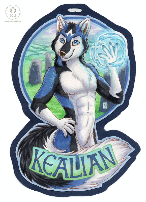 anthro badge blue blue_eyes blue_fur canine dog fur husky kacey kealian magic male mammal nude pose solo text wolf