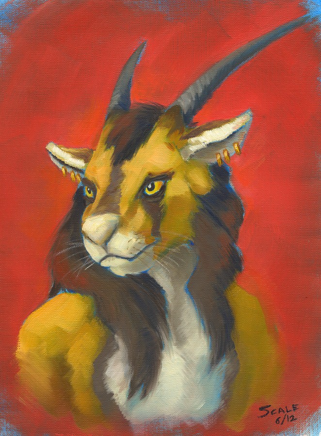 alessio_scalerandi antelope ear_piercing feline fur horn hybrid lion mammal piercing scale_(artist) solo yellow_fur