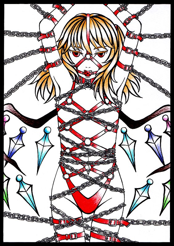 arm_strap bad_id bad_pixiv_id ball_gag bdsm blonde_hair bondage bondage_outfit bound chain chained collar flandre_scarlet flat_chest gag gagged hakkyou_seinen_dogura_magura harness no_nipples red_eyes solo standing thigh_strap touhou wings