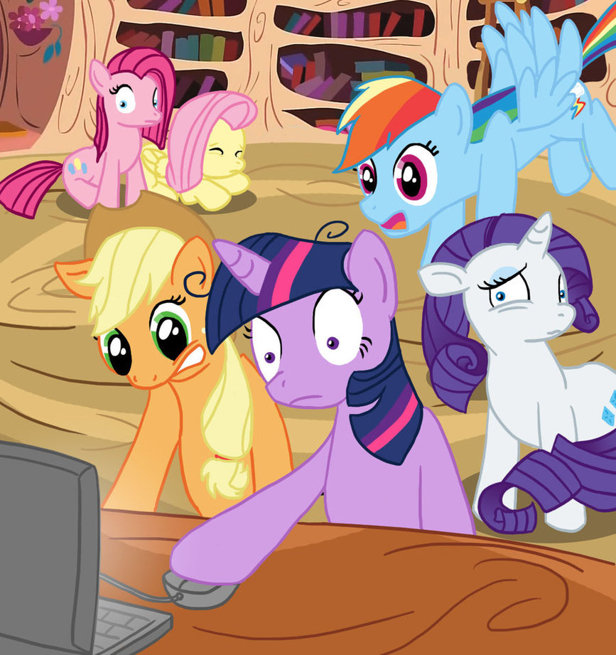 applejack_(mlp) blonde_hair blue_eyes blue_fur book bookshelf computer cutie_mark detailed_background equine eyes_closed female feral fluttershy_(mlp) flying friendship_is_magic fur green_eyes group hair horn horse mammal multi-colored_hair my_little_pony open_mouth orange_fur pegasus pink_fur pink_hair pinkamena_(mlp) pinkie_pie_(mlp) pony purple_eyes purple_fur purple_hair rainbow_dash_(mlp) rainbow_hair rarity_(mlp) reaction reaction_image sitting twilight_sparkle_(mlp) twodeepony unicorn white_fur wings yellow_fur