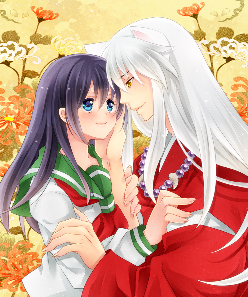 1girl alternate_eye_color animal_ears bad_id bad_pixiv_id black_hair blue_eyes couple dog_ears eye_contact flower hand_on_another's_face hetero higurashi_kagome inuyasha inuyasha_(character) japanese_clothes jewelry kuzukiri5 long_hair looking_at_another necklace pearl school_uniform serafuku smile spider_lily touching white_hair yellow_eyes