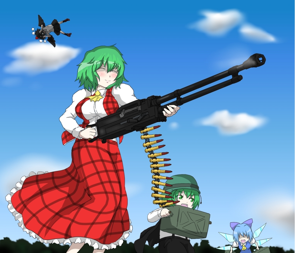 ascot bullet camera cirno commentary gun heavy_machine_gun helmet huge_weapon kazami_yuuka machine_gun multiple_girls plaid plaid_vest shameimaru_aya short_hair touhou toys_(pixiv) weapon wings wriggle_nightbug